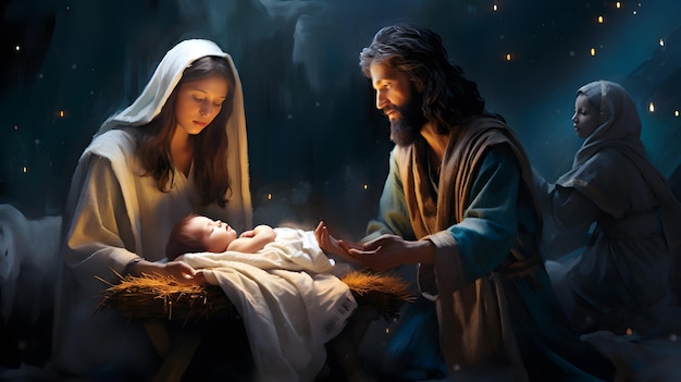 Mary Joseph and the baby Jesus Son of God Christmas story Christmas night symbol of Christianity