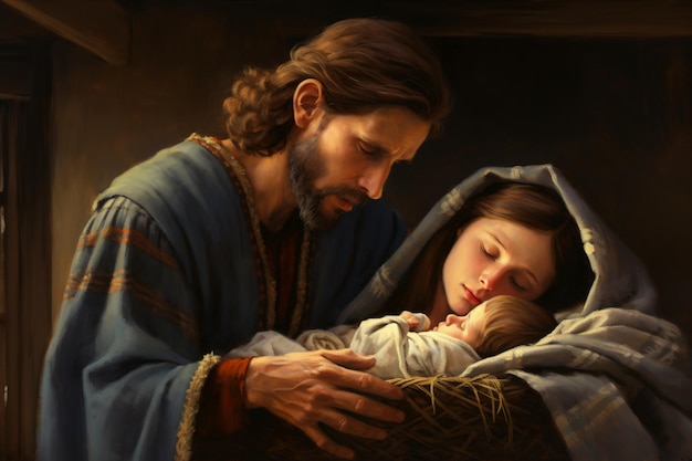 Photo mary and joseph holding baby jesus christmas night birth of jesus christ