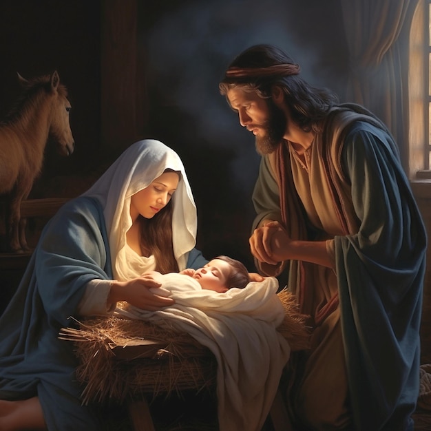 Mary and Joseph with baby Jesus in the manger