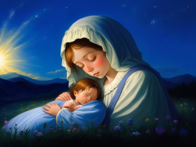 The mary with baby asleep in a bright field