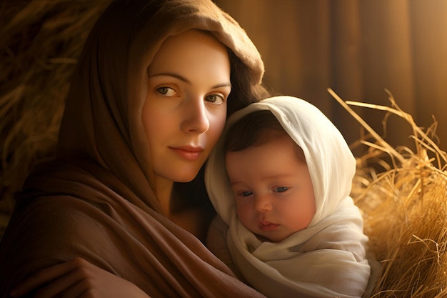 Photo mary with baby jesus in a humble manger symbolizing the nativity
