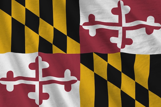 Maryland US state flag with big folds waving close up under the studio light indoors The official symbols and colors in banner