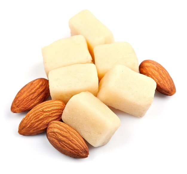 Marzipan with almonds on white