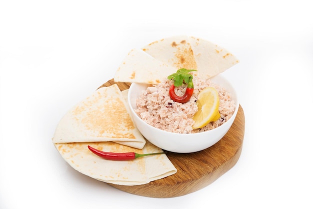 Mas huni, traditional Maldivian breakfast isolated on a white background