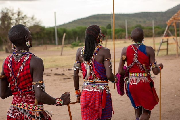 Masai in traditionele kleurrijke kleding met Maasai-springdans in een lokaal stamdorp