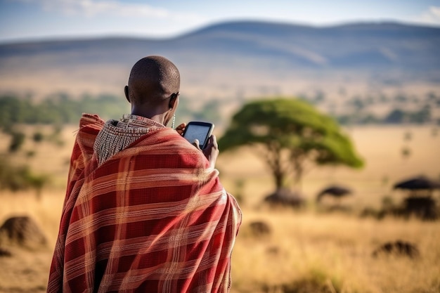 Foto masai-man in rode shuka sms't op de telefoon op de afrikaanse savanne