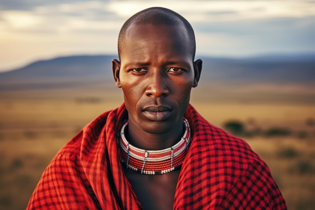 Masai-man in traditionele kleding op de Afrikaanse savanne