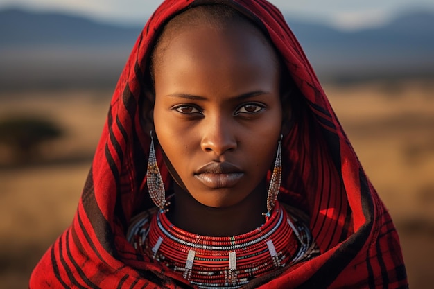 Masai-vrouw in rode shuka op de savanne