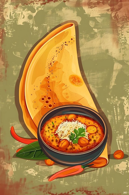 Masala Dosa Dish Poster With Potato Filling and Coconut Chut Illustration Food Drink Indian Flavors