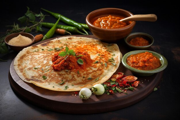 Foto masala dosa servito con un lato di chutney al mango verde piccante