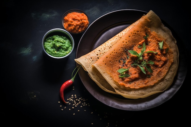 Photo masala dosa served with a side of spicy green mango chutney