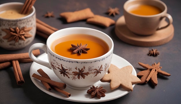 Masala tea in ceramic cup with winter spices and gingerbread cookies