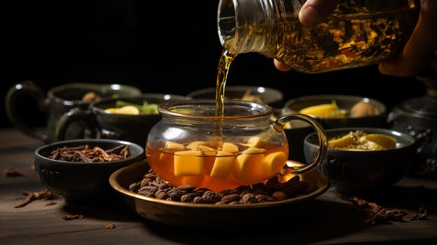 Masala thee uit een theepot in een glas gieten