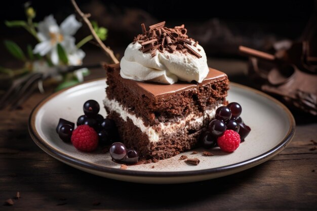 Mascarpone chocolate cake on rustic background