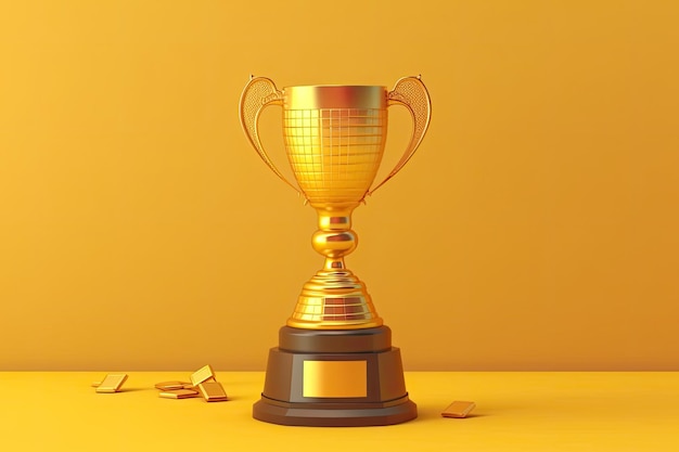 Mascot trophy with a golden bitcoin coin in a cryptocurrency on a yellow background