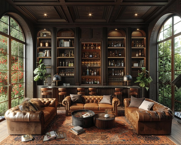 Мужская комната с кожевенной мебелью из темной древесины