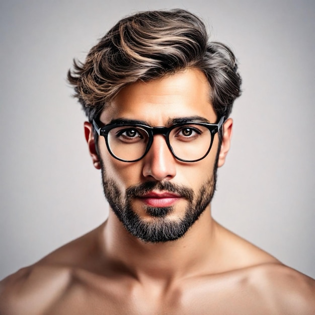 Masculine Guy with Glasses Isolated on Gray Portrait Illustration