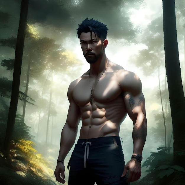 Masculine Guy with Muscular Body Shirtless in The Forest Illustration Portrait