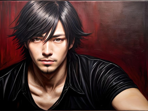 黒の T シャツでカメラを見ているトレンディな髪型を持つ男性的な日本人男性