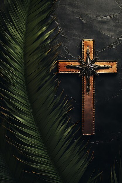 Masculine Leather Sacred Cross and Metal Studded Palm Leaves Cross Palm Sunday Photo Christian Art