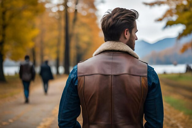 Masculine model from behind wearing leather aviator jacket