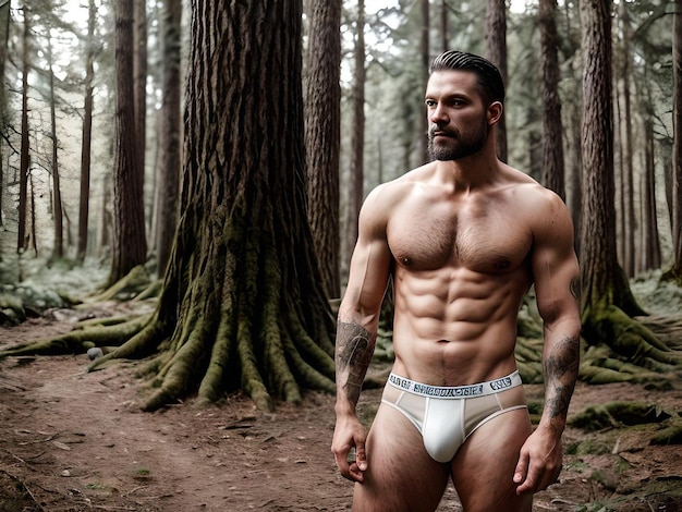 Masculine Muscle Guy met tatoeage en ondergoed met baard die in het bos staat Illustratie