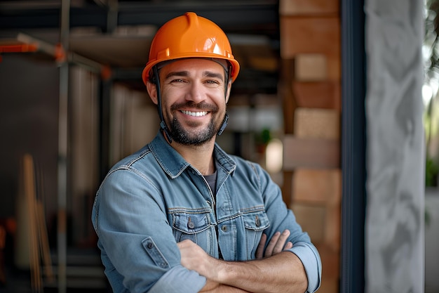 Masculine smiling hard hat builder standing in front of building