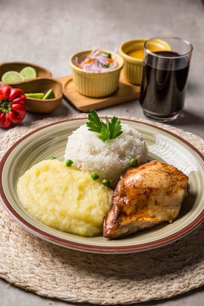 Mashed potatoes and baked chicken with rice traditional\
peruvian comfort food homemade cuisine