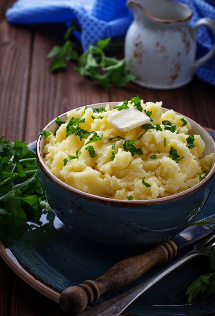 Mashed potatoes in blue bowl