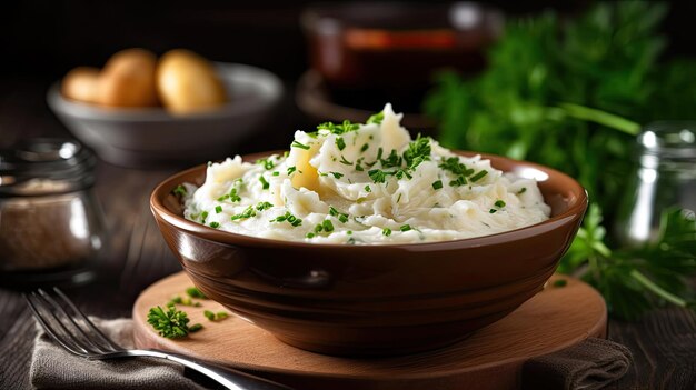 Mashed potatoes in bowl decorated with parsley herbs on wooden table in the restaurant generative ai
