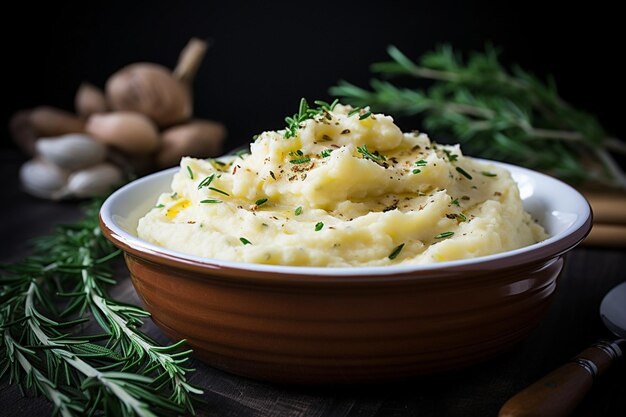 Foto purè di patate in una ciotola con aglio e timo