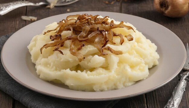 Foto purè di patate con cipolle fritte in piatto