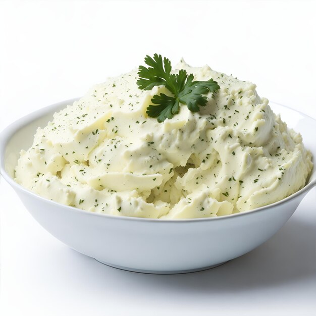 Mashed potatoes with parsley in a bowl on a white background