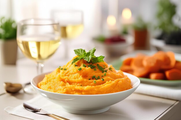 Mashed Sweet Potatoes for Breakfast on the White Table and Cozy Dining Area Background