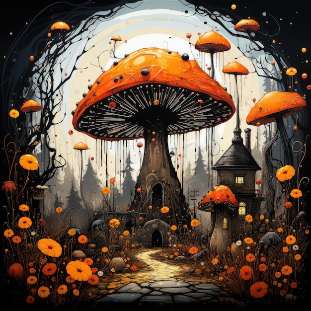 mashrooms bos wymstical illustratie kunst nacht vreemd schattig chatacter mystieke achtergrond