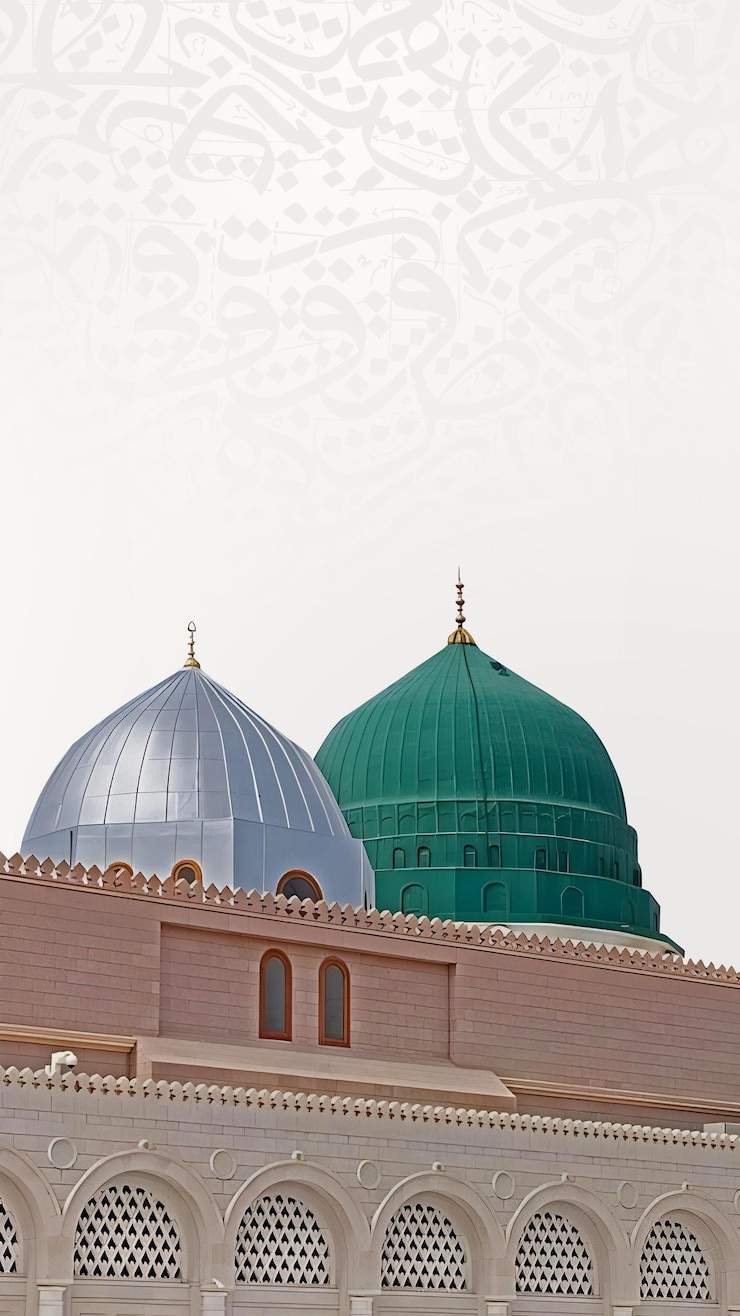 Photo masjid a nabvi with white caligraphy background
