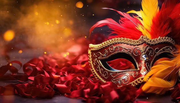 mask on the background of lights in red and gold tones concept carnival