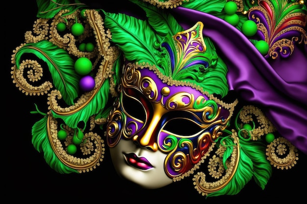 Mask and beads in the bright colors of the Mardi Gras or carnival set on a background of gold green