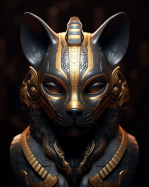 A mask of a cat with gold and black designs