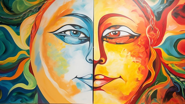 A mask combination sun moon mural painting beautiful image Ai generated art