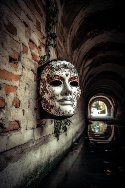 Foto una maschera appesa al muro di un tunnel