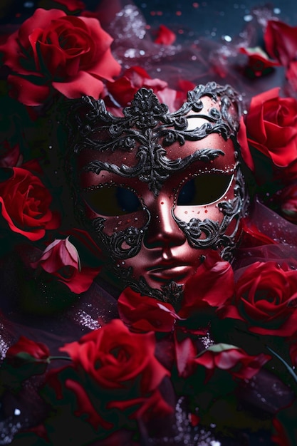 a mask and a rose on a black background High quality photo