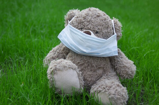 Mask on a toy bear on grass in backyard