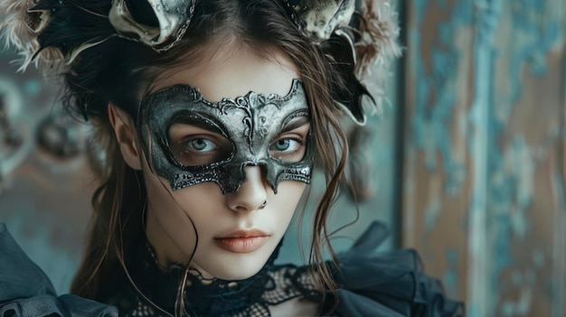 Foto una maschera con un cranio di faccia di animale sul viso di una bella ragazza