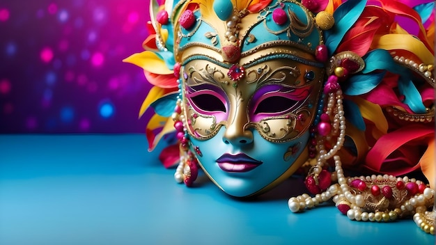 Photo a mask with a blue background and a pink background with a gold and blue background