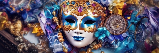 A mask with blue and purple flowers and the word mardi gras on it