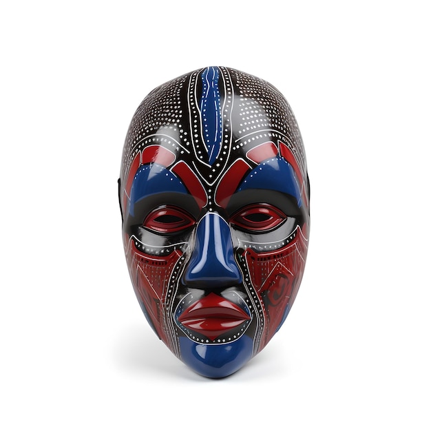 A mask with a blue and red face is sitting against a white background.