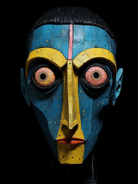 A mask with eyes and eyes is shown in a black background.