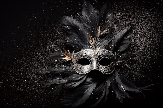 A mask with feathers and a black background with a silver glittery mask.
