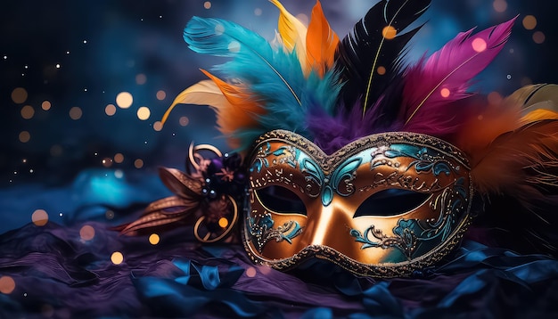 Mask with feathers on purple background concept carnival